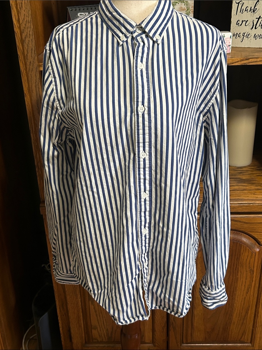 Denim & Flower Blue and White Vertical Stripe Button-Down Shirt Medium